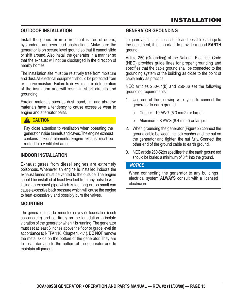 Installation | Multiquip DCA400SSI User Manual | Page 15 / 98