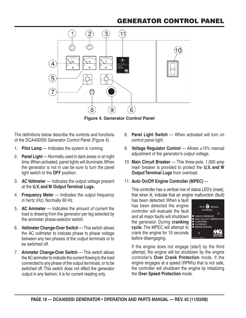 Generator control panel | Multiquip DCA400SSI User Manual | Page 18 / 98