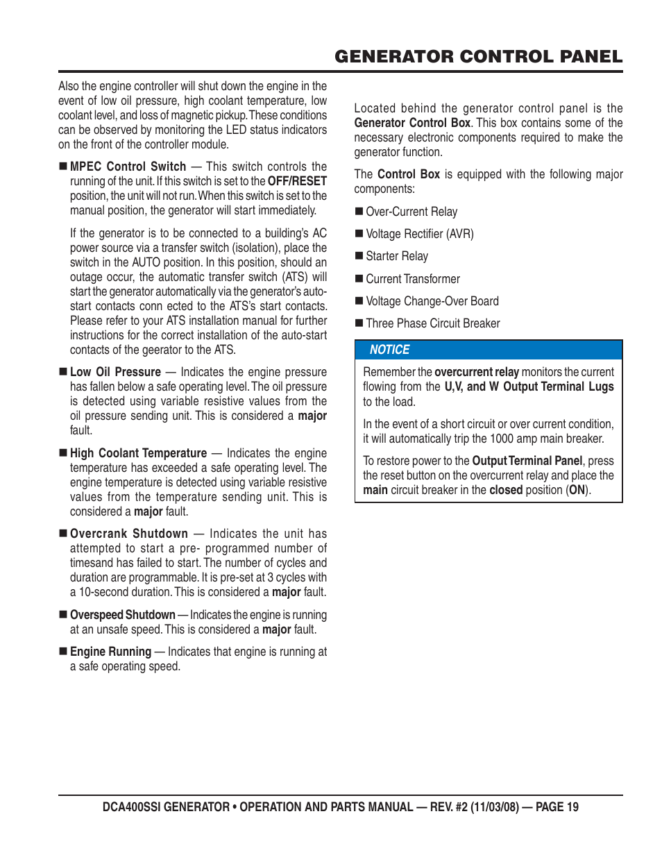 Generator control panel | Multiquip DCA400SSI User Manual | Page 19 / 98