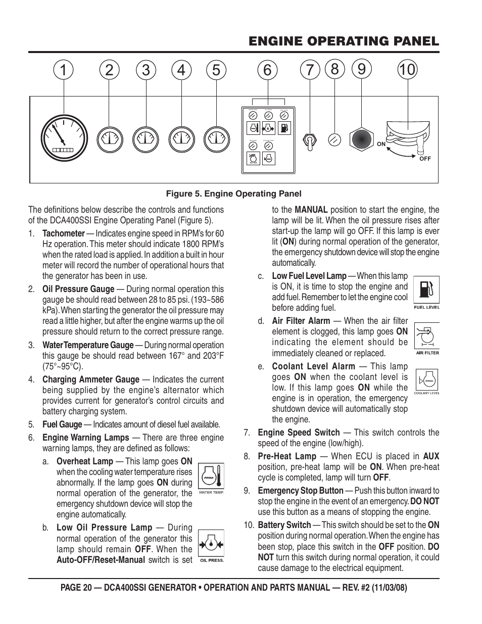 Engine operating panel | Multiquip DCA400SSI User Manual | Page 20 / 98