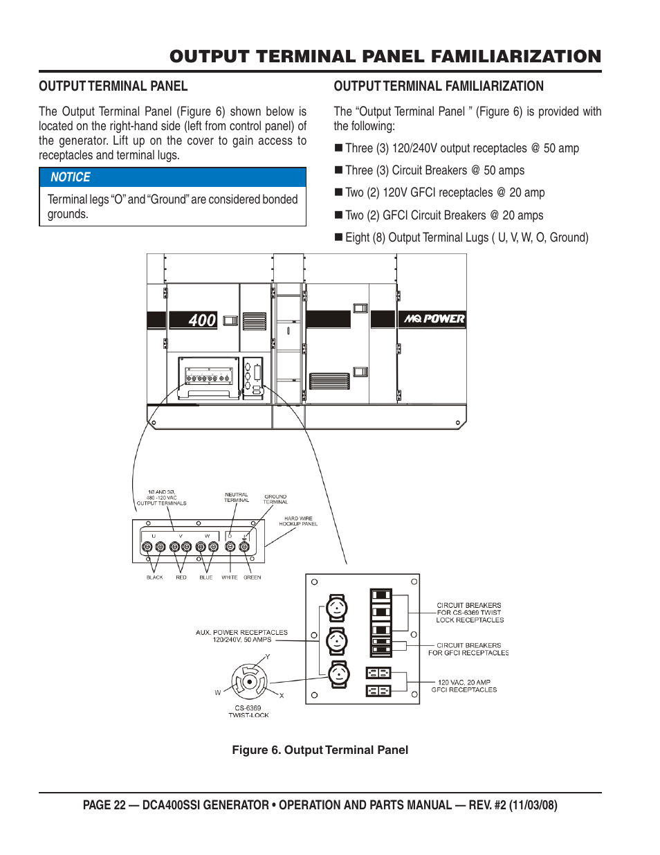 Output terminal panel familiarization | Multiquip DCA400SSI User Manual | Page 22 / 98