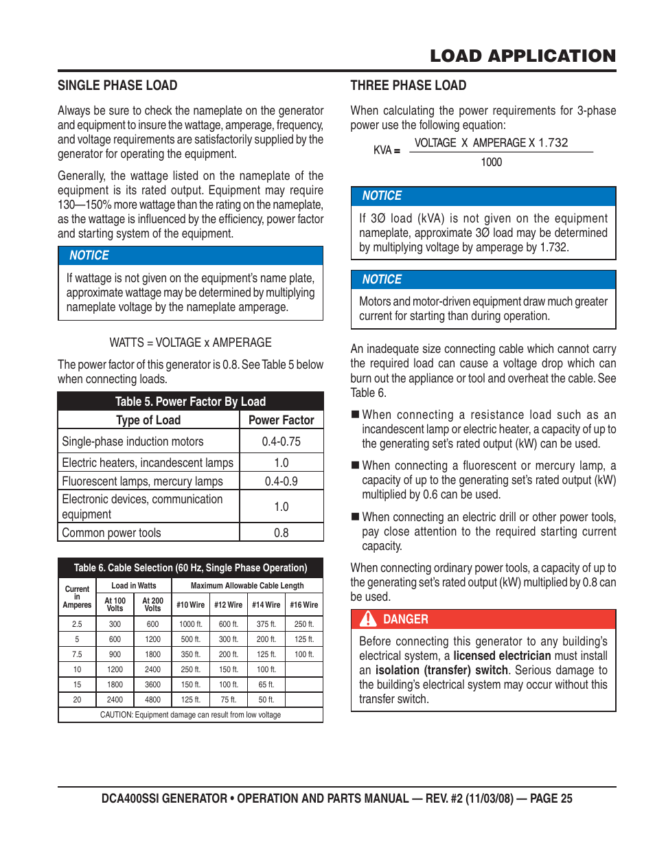 Load application, Single phase load, Three phase load | Multiquip DCA400SSI User Manual | Page 25 / 98