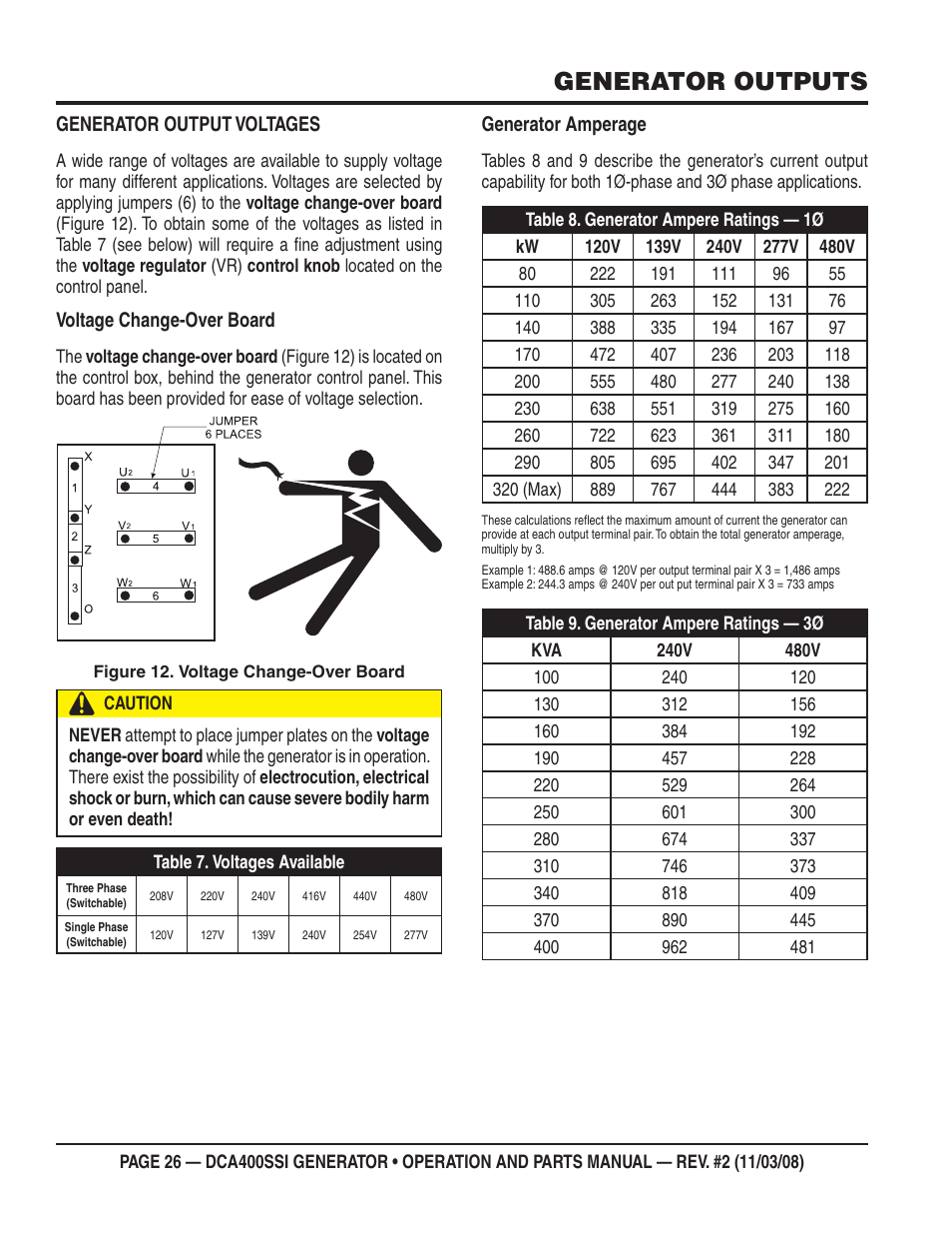 Generator outputs | Multiquip DCA400SSI User Manual | Page 26 / 98