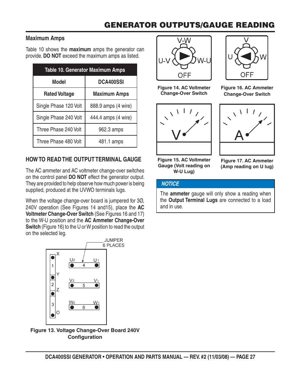 Generator outputs/gauge reading | Multiquip DCA400SSI User Manual | Page 27 / 98