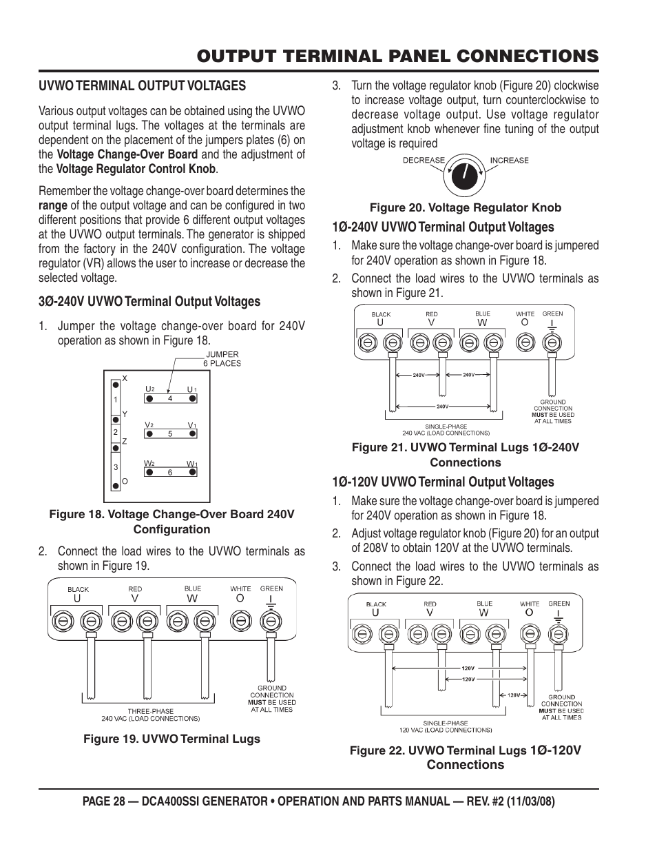 Output terminal panel connections | Multiquip DCA400SSI User Manual | Page 28 / 98