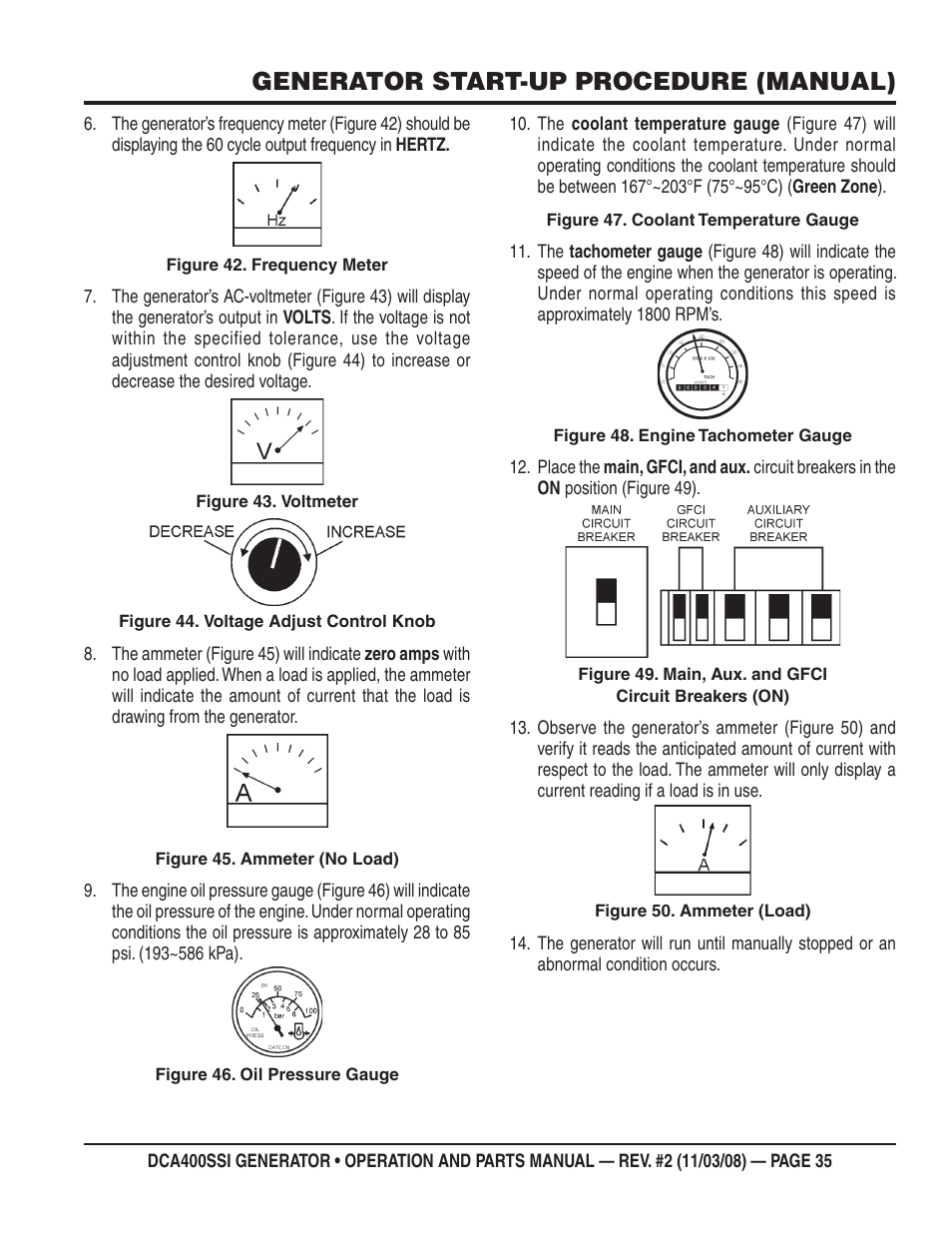 Generator start-up procedure (manual) | Multiquip DCA400SSI User Manual | Page 35 / 98