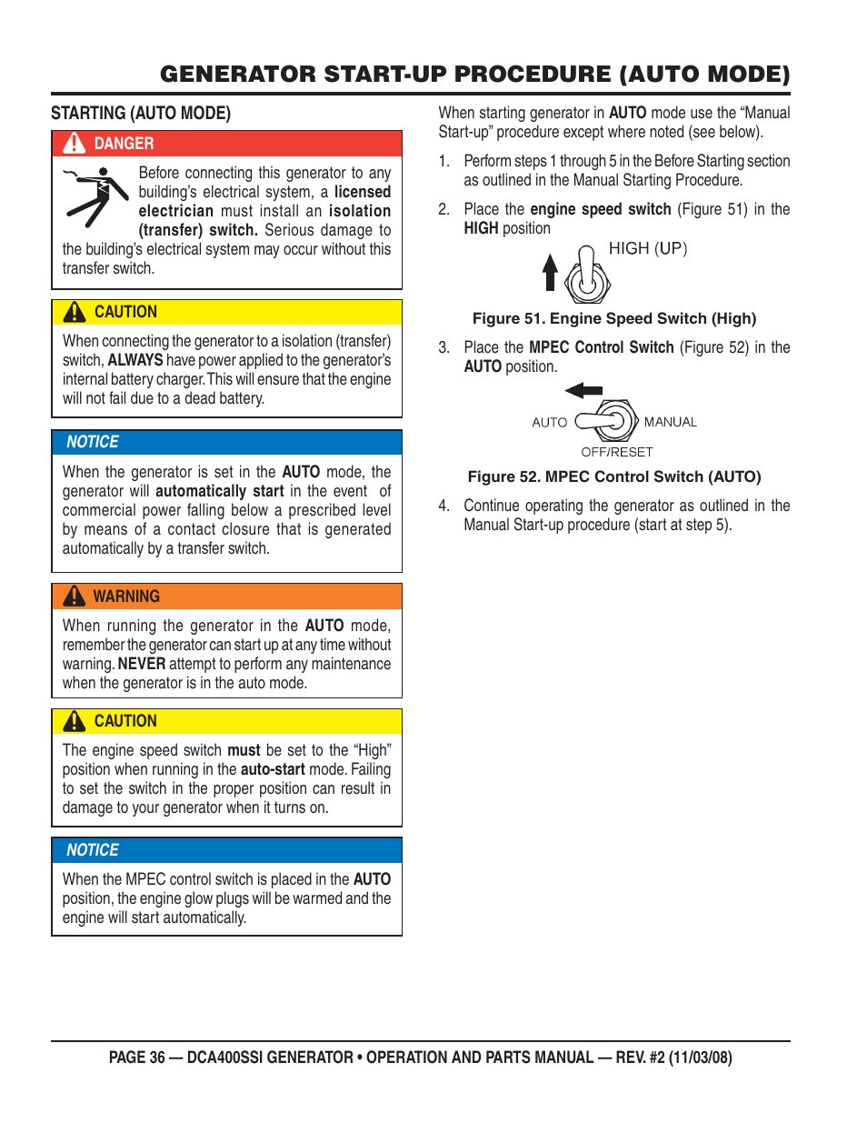 Generator start-up procedure (auto mode) | Multiquip DCA400SSI User Manual | Page 36 / 98