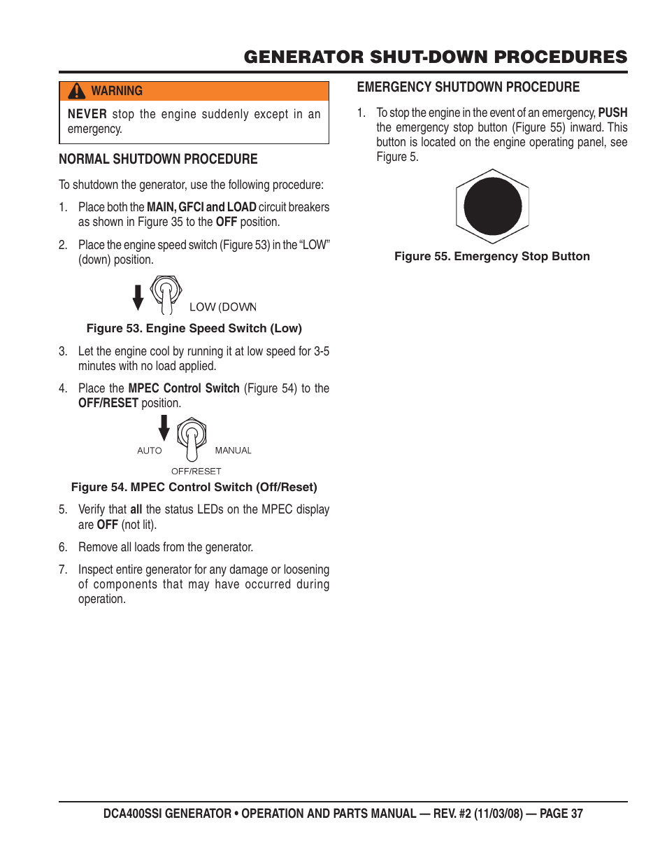 Generator shut-down procedures | Multiquip DCA400SSI User Manual | Page 37 / 98