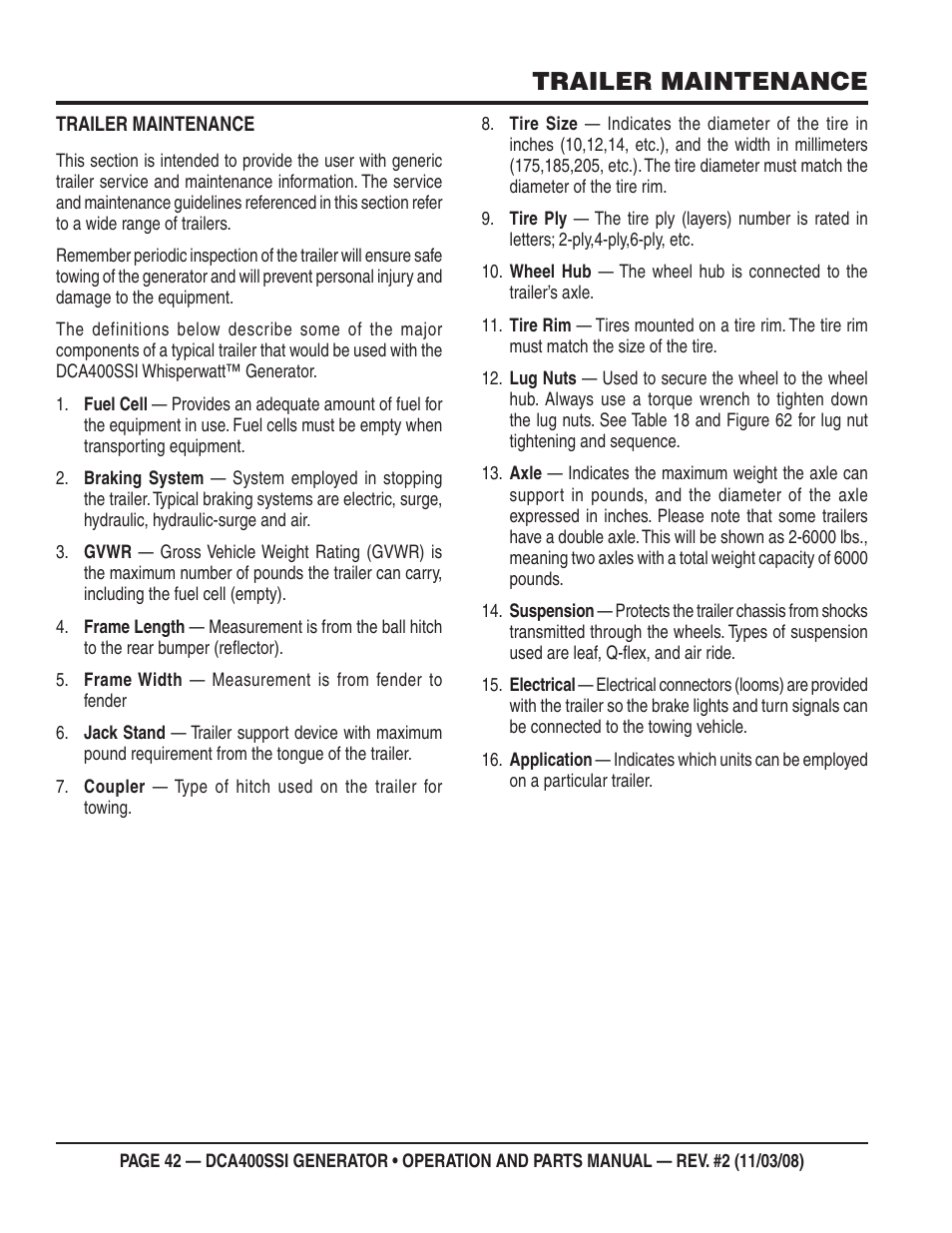 Trailer maintenance | Multiquip DCA400SSI User Manual | Page 42 / 98