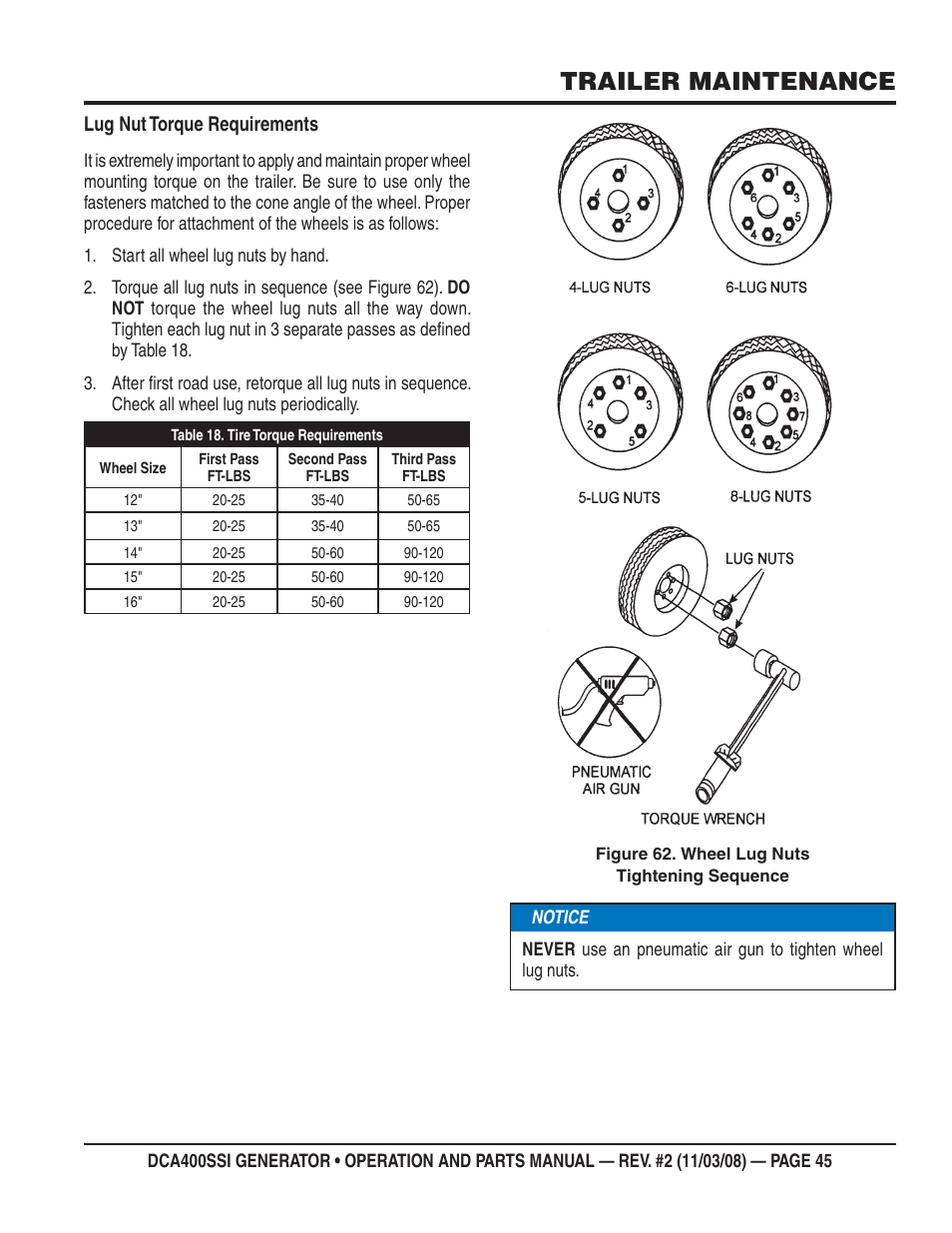 Trailer maintenance, Lug nut torque requirements | Multiquip DCA400SSI User Manual | Page 45 / 98