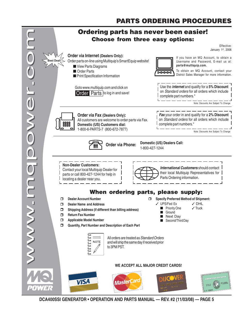 Parts ordering procedures, Ordering parts has never been easier, Choose from three easy options | When ordering parts, please supply, Order parts | Multiquip DCA400SSI User Manual | Page 5 / 98