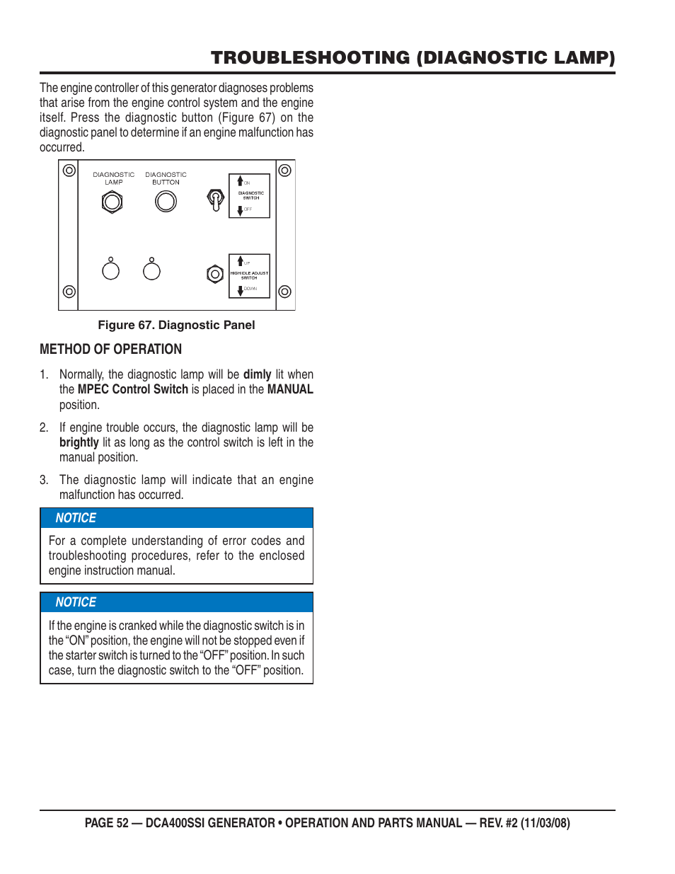 Troubleshooting (diagnostic lamp) | Multiquip DCA400SSI User Manual | Page 52 / 98