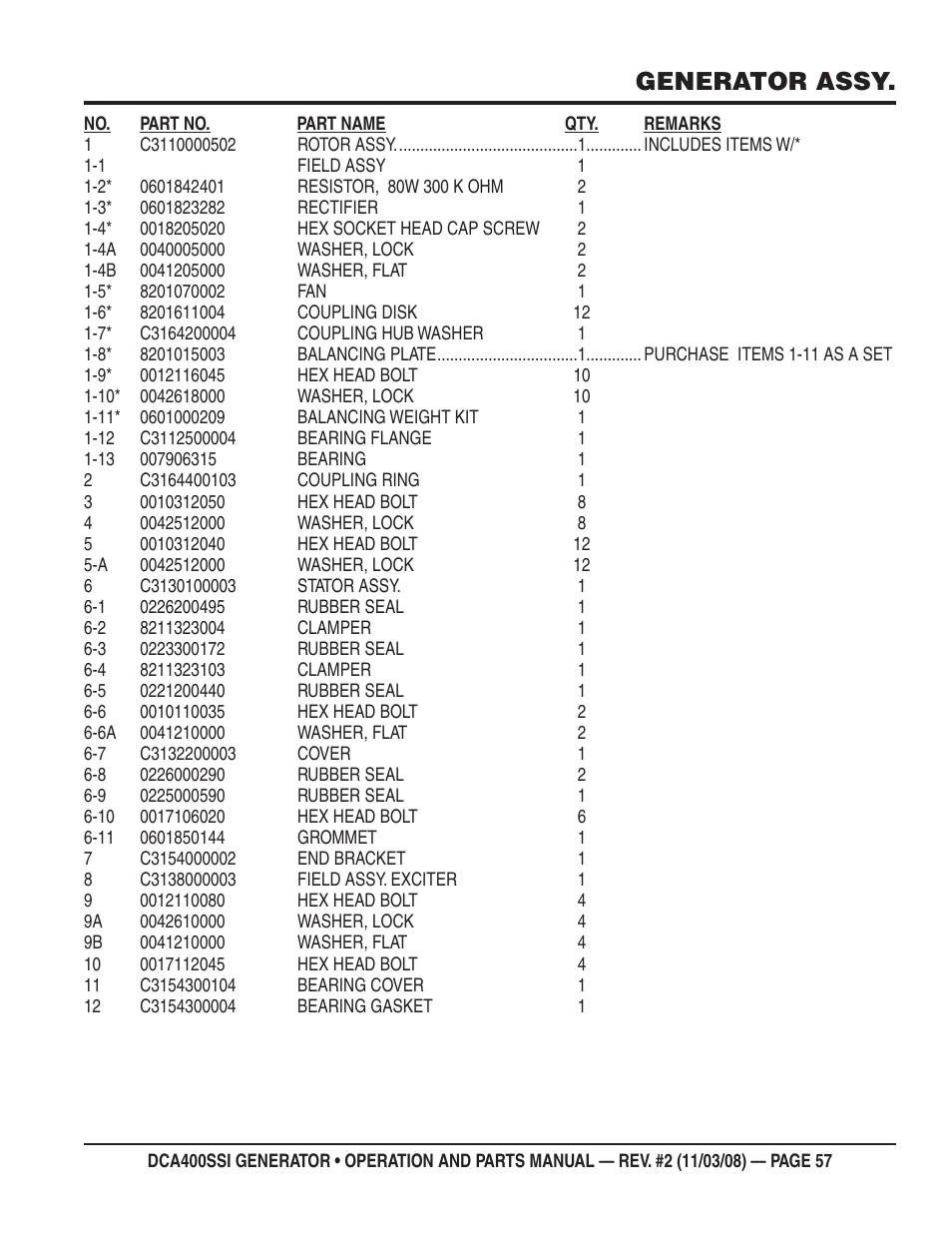 Generator assy | Multiquip DCA400SSI User Manual | Page 57 / 98