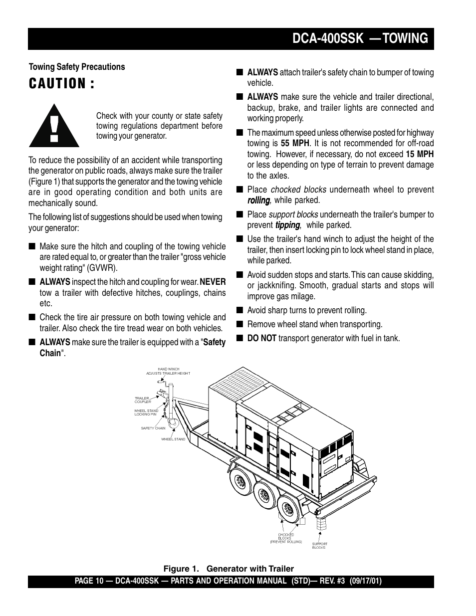 Caution, Dca-400ssk — towing | Multiquip DCA400SSK2 User Manual | Page 10 / 114