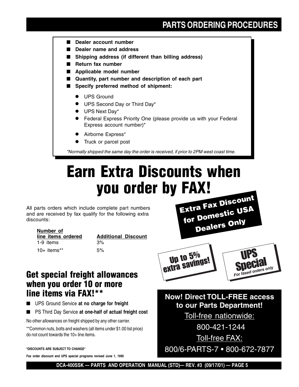 Earn extra discounts when you order by fax, Ups special | Multiquip DCA400SSK2 User Manual | Page 5 / 114