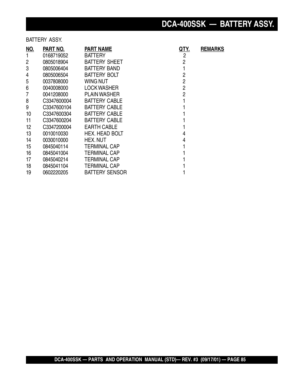 Dca-400ssk — battery assy | Multiquip DCA400SSK2 User Manual | Page 85 / 114