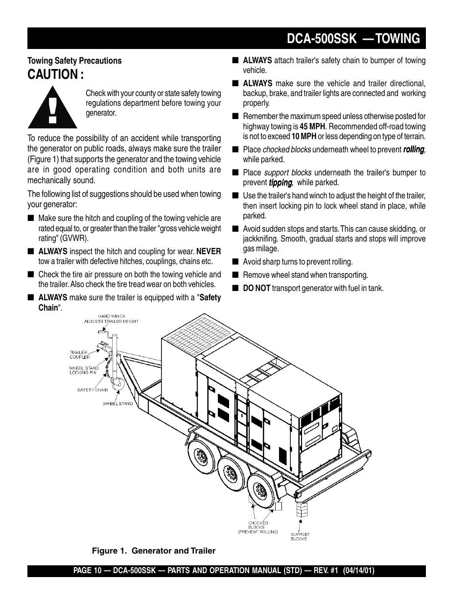Caution, Dca-500ssk — towing | Multiquip DCA500SSK User Manual | Page 10 / 114