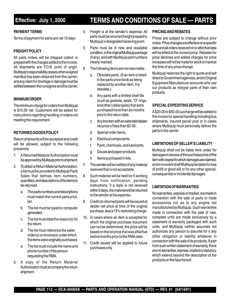 Terms and conditions of sale — parts | Multiquip DCA500SSK User Manual | Page 112 / 114