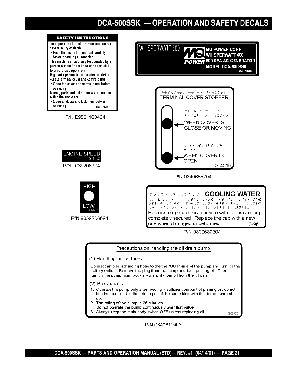Dca-500ssk — operation and safety decals | Multiquip DCA500SSK User Manual | Page 21 / 114