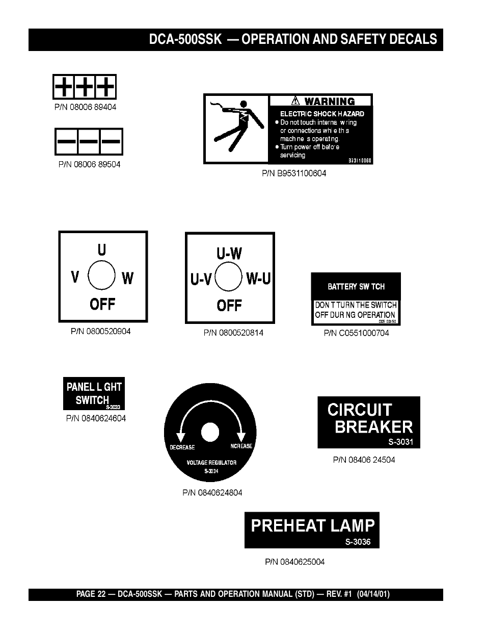 Dca-500ssk — operation and safety decals | Multiquip DCA500SSK User Manual | Page 22 / 114