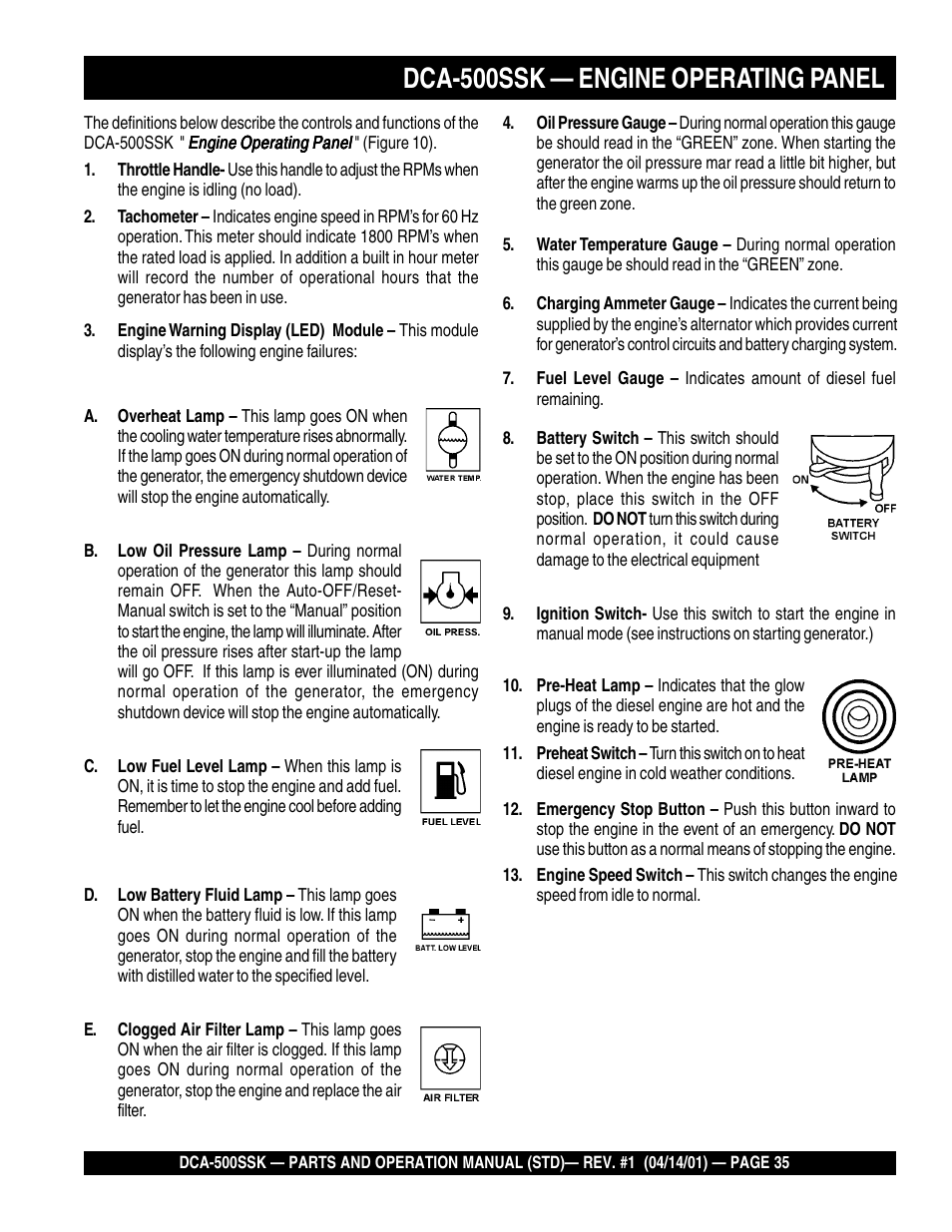 Dca-500ssk — engine operating panel | Multiquip DCA500SSK User Manual | Page 35 / 114