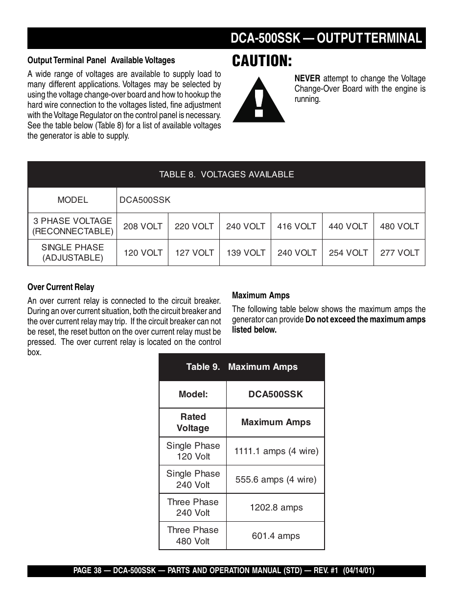 Caution, Dca-500ssk — output terminal | Multiquip DCA500SSK User Manual | Page 38 / 114