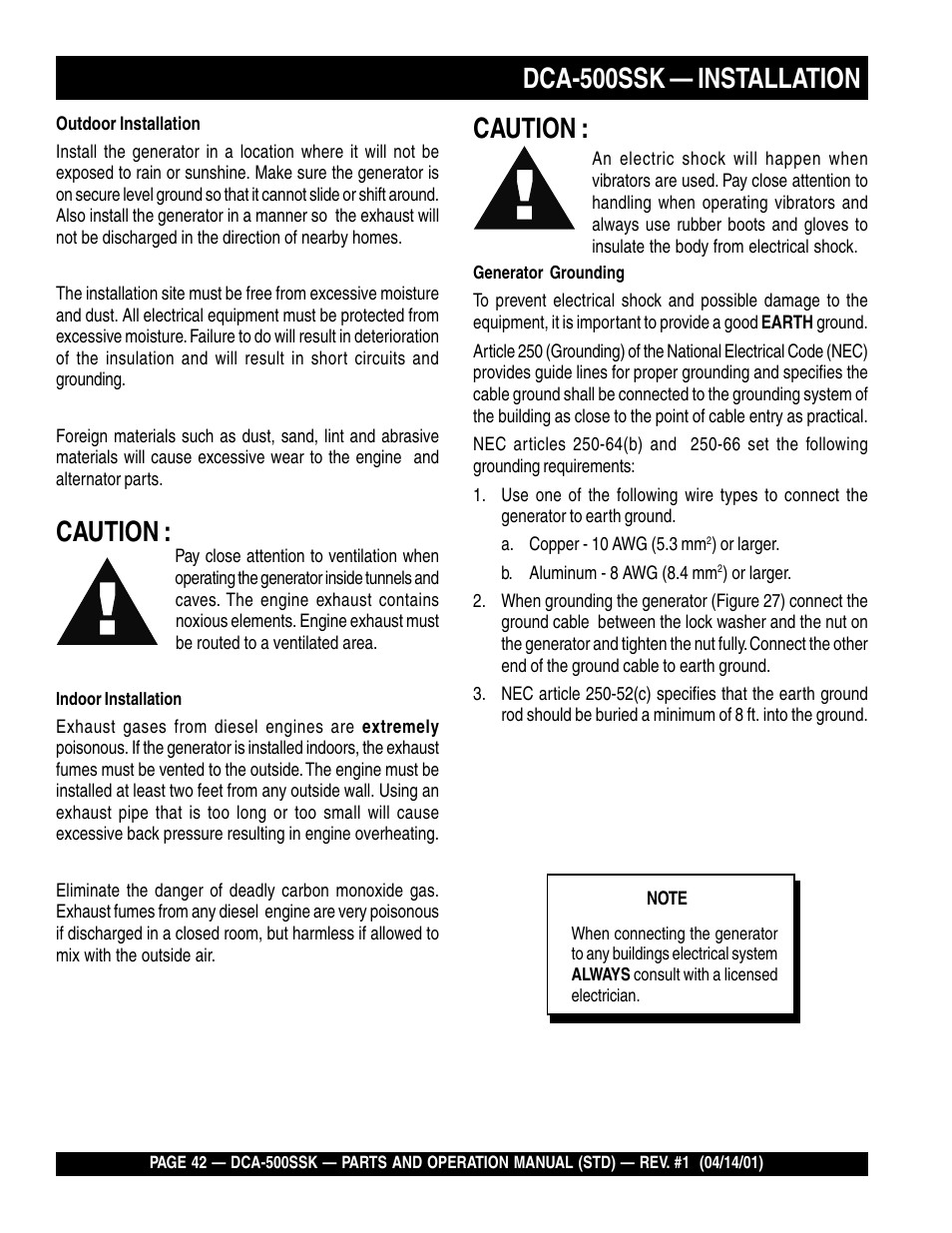 Caution, Dca-500ssk — installation | Multiquip DCA500SSK User Manual | Page 42 / 114