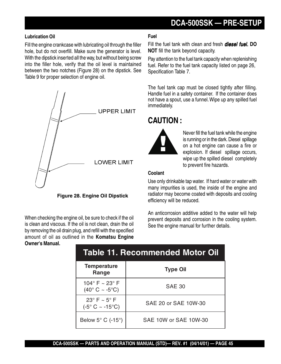 Caution, Dca-500ssk — pre-setup | Multiquip DCA500SSK User Manual | Page 45 / 114