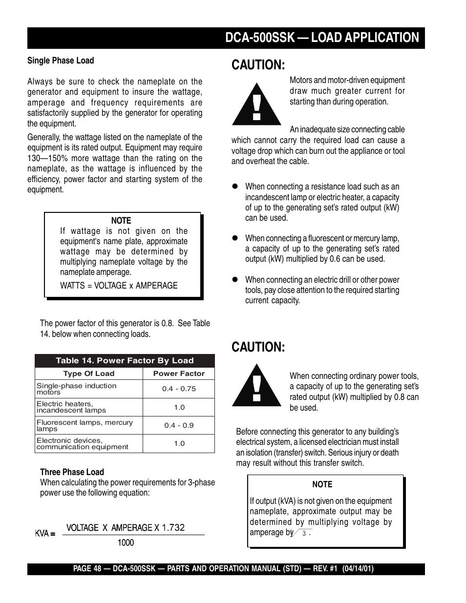 Dca-500ssk — load application, Caution | Multiquip DCA500SSK User Manual | Page 48 / 114