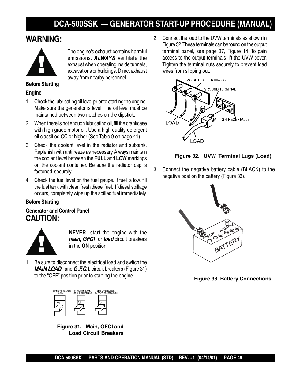 Warning, Caution, Dca-500ssk — generator start-up procedure (manual) | Multiquip DCA500SSK User Manual | Page 49 / 114