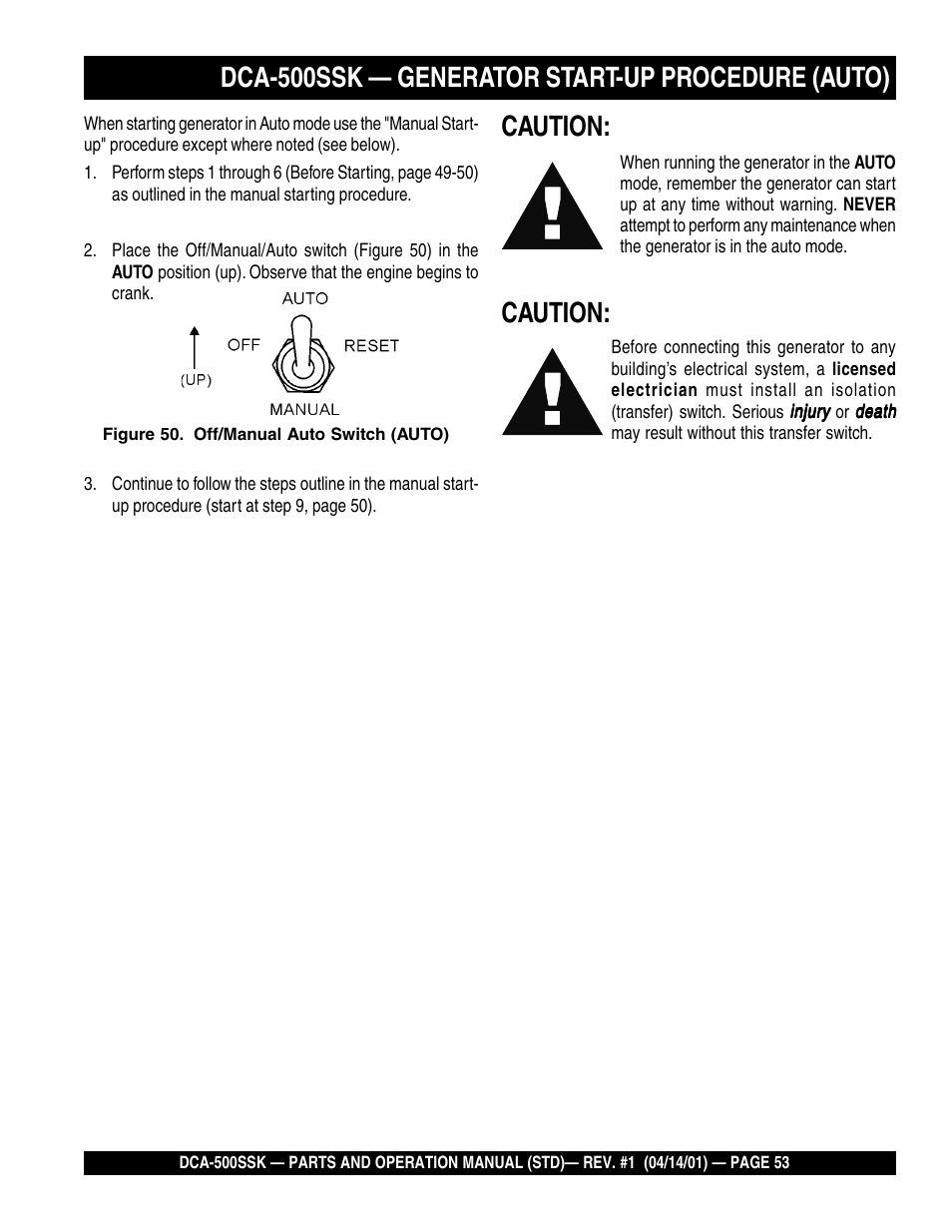 Dca-500ssk — generator start-up procedure (auto), Caution | Multiquip DCA500SSK User Manual | Page 53 / 114