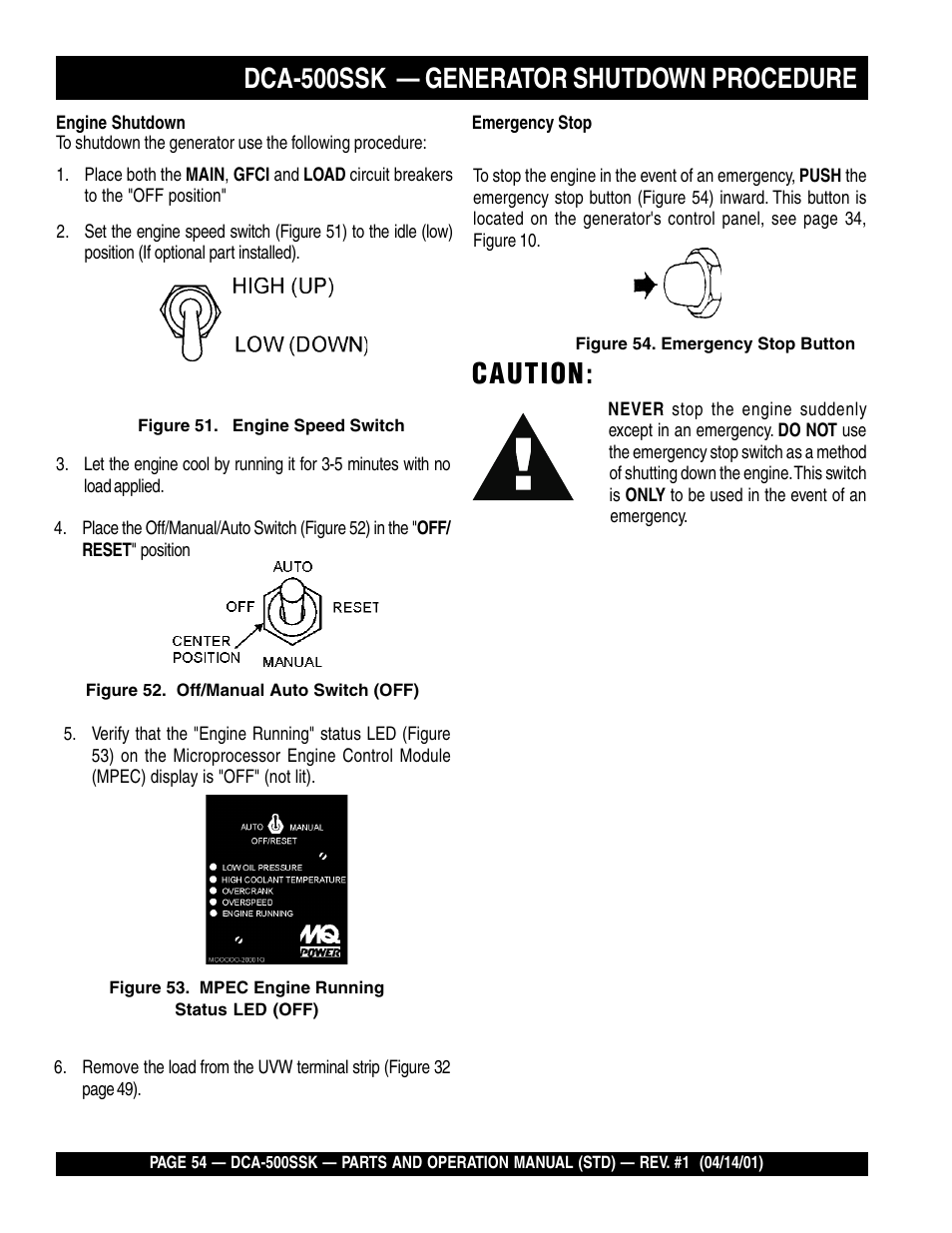 Dca-500ssk — generator shutdown procedure, Caution | Multiquip DCA500SSK User Manual | Page 54 / 114