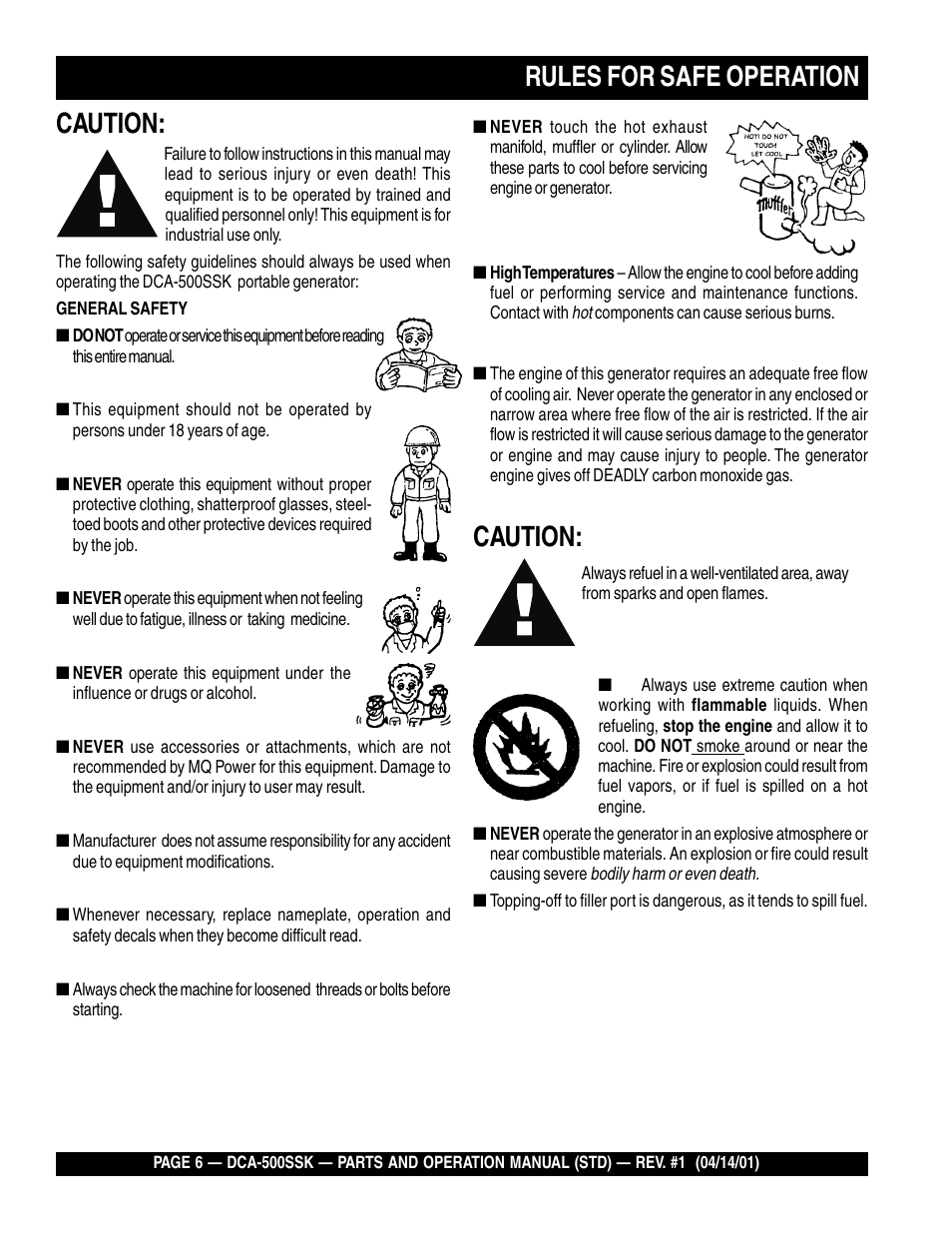Rules for safe operation, Caution | Multiquip DCA500SSK User Manual | Page 6 / 114