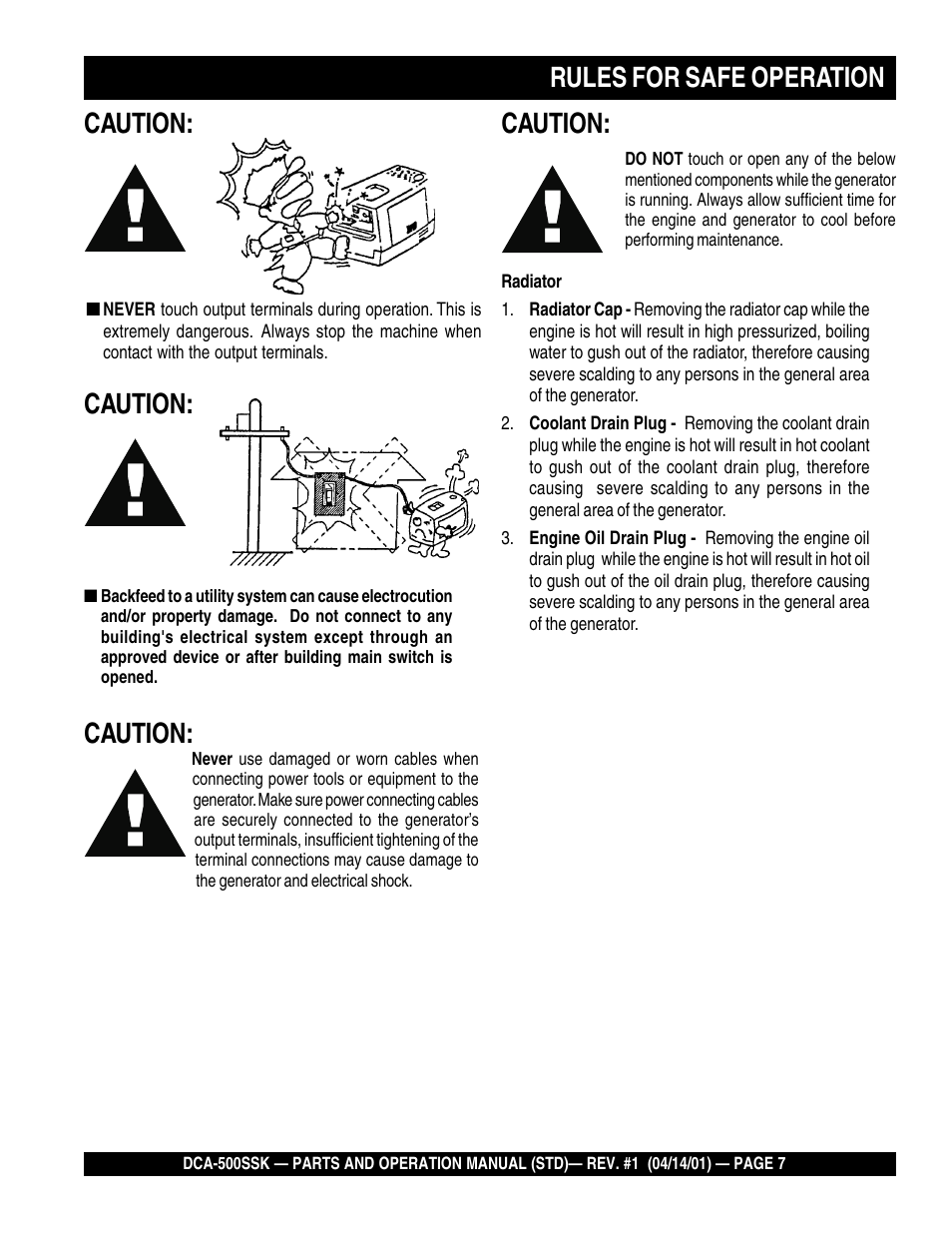 Rules for safe operation caution: caution, Caution | Multiquip DCA500SSK User Manual | Page 7 / 114