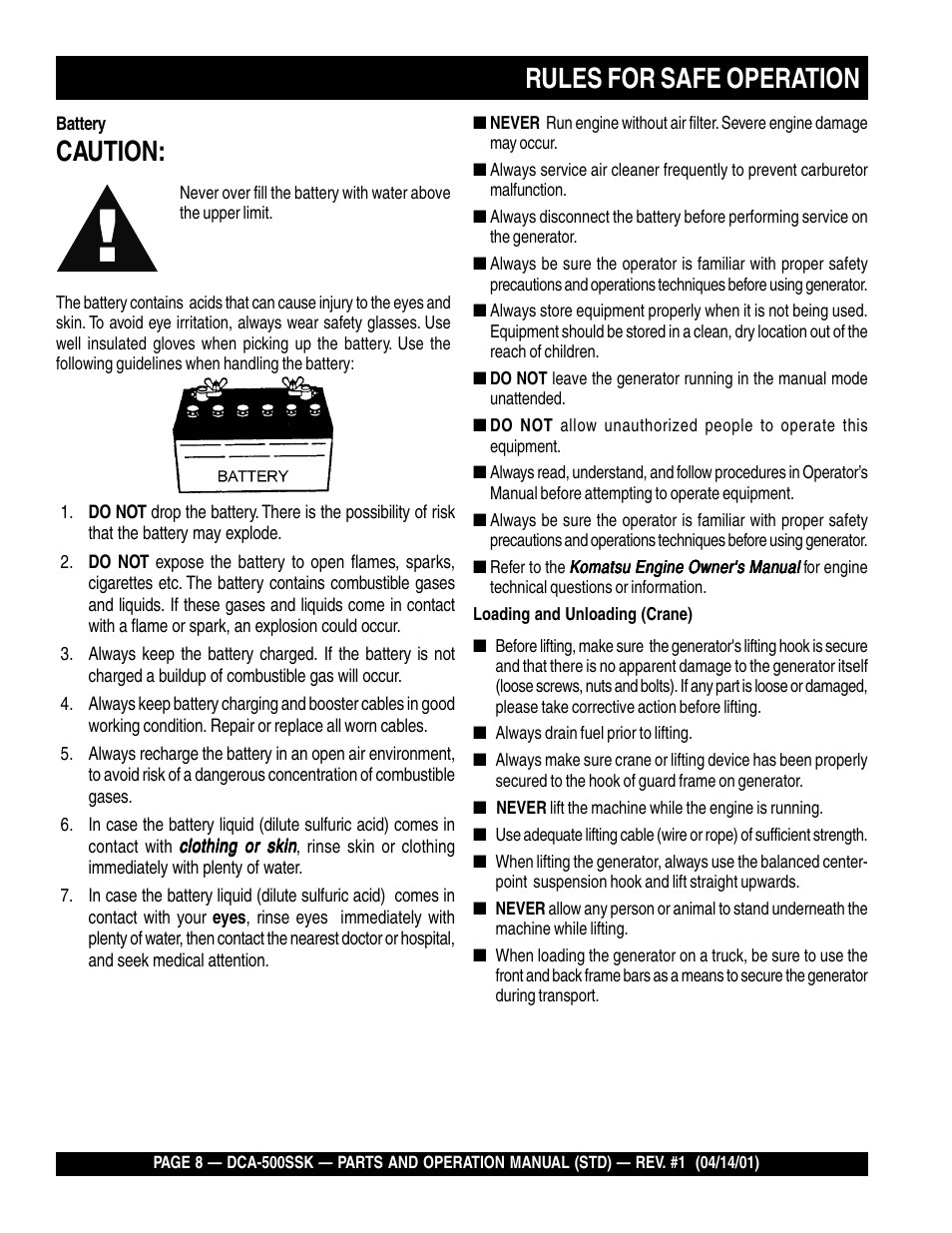 Caution, Rules for safe operation | Multiquip DCA500SSK User Manual | Page 8 / 114