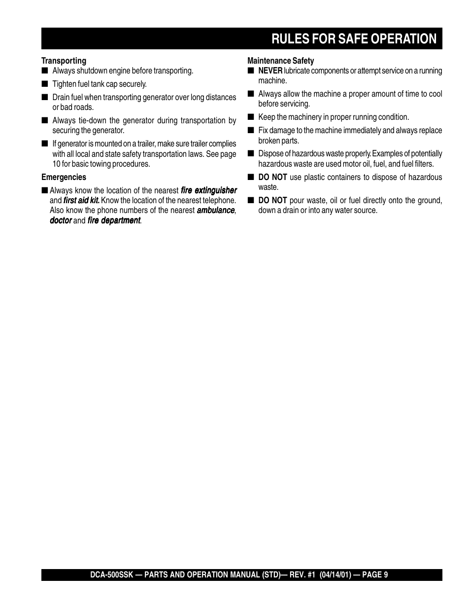 Rules for safe operation | Multiquip DCA500SSK User Manual | Page 9 / 114