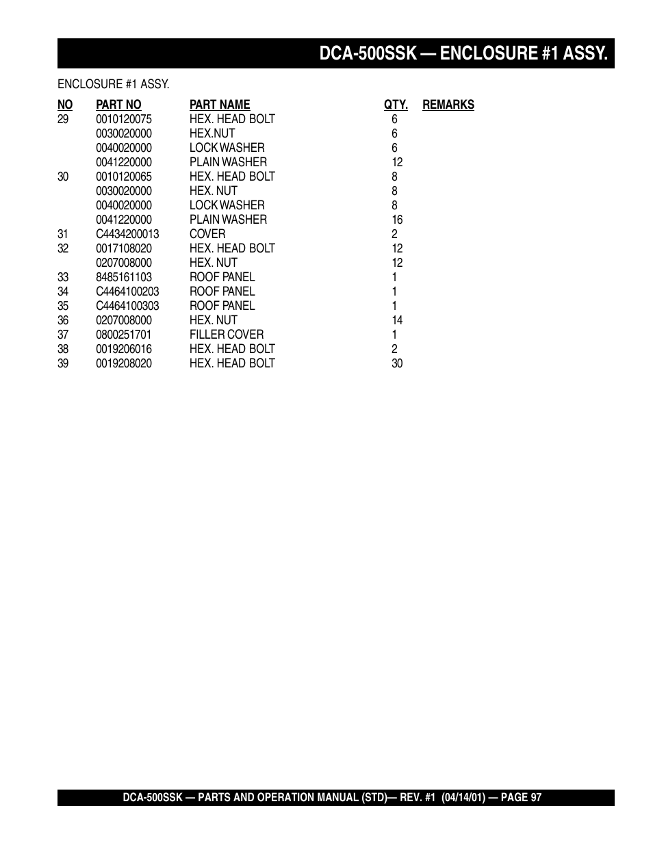 Dca-500ssk — enclosure #1 assy | Multiquip DCA500SSK User Manual | Page 97 / 114