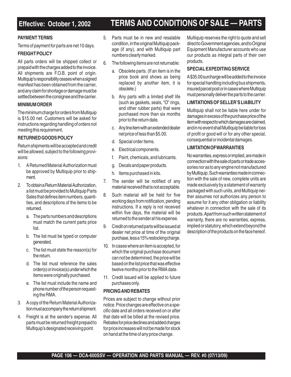 Terms and conditions of sale — parts | Multiquip DCA600SSV User Manual | Page 106 / 108