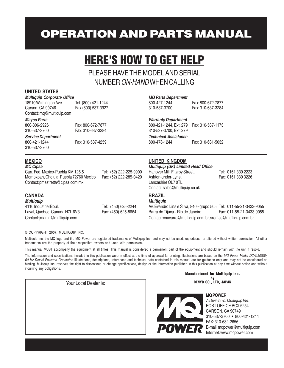 Here's how to get help, Operation and parts manual, On-hand | Please have the model and serial number, When calling | Multiquip DCA600SSV User Manual | Page 108 / 108