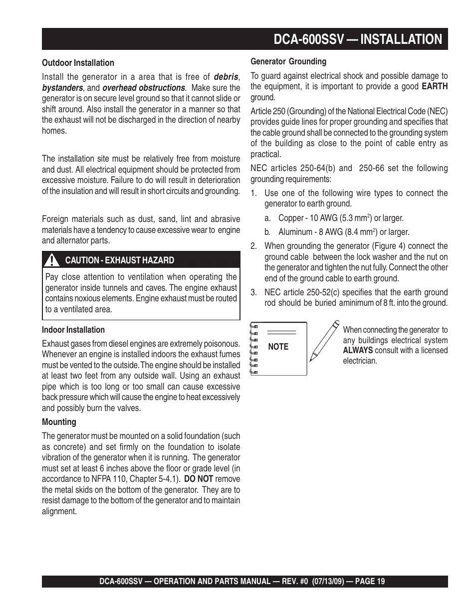 Dca-600ssv — installation | Multiquip DCA600SSV User Manual | Page 19 / 108