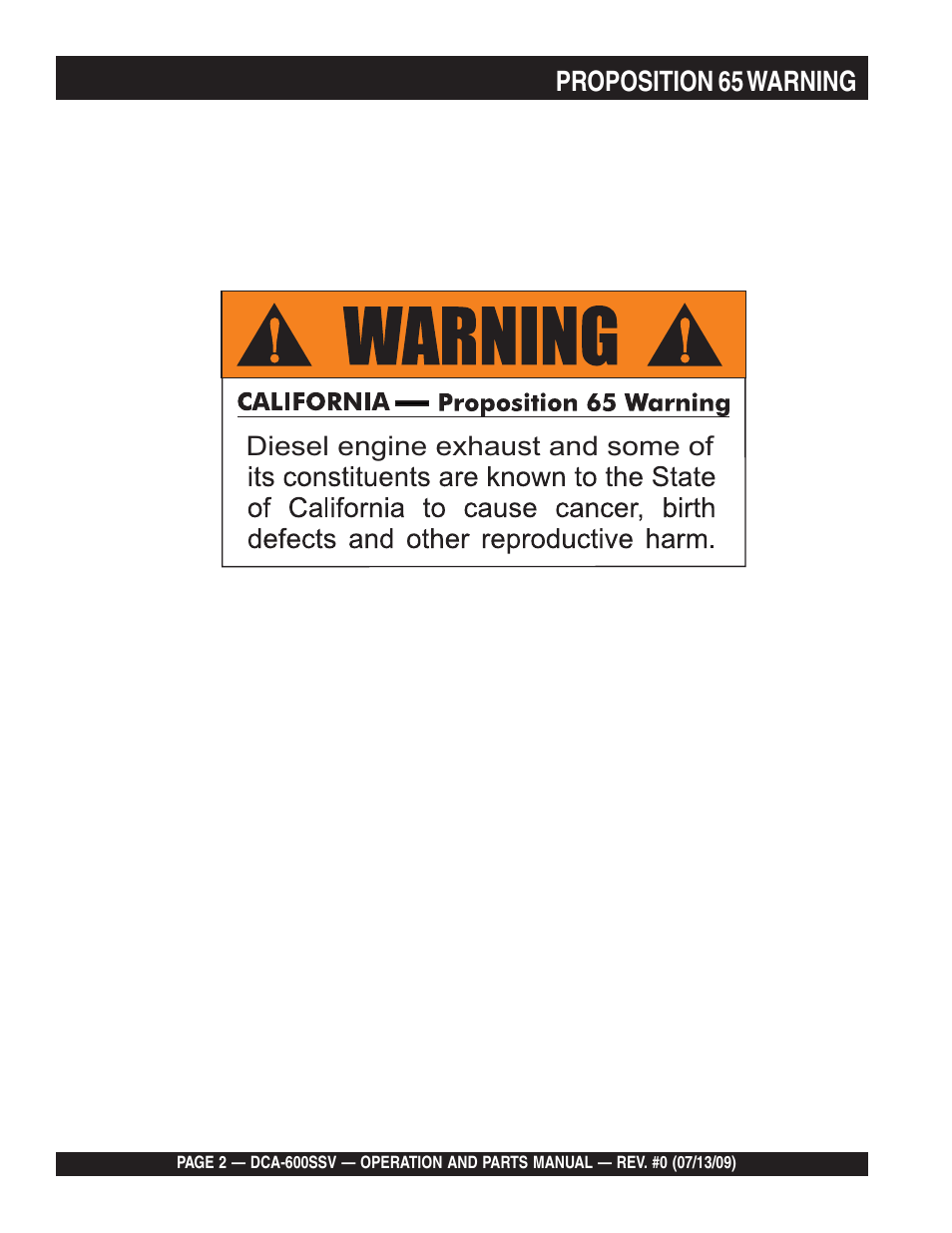 Proposition 65 warning | Multiquip DCA600SSV User Manual | Page 2 / 108