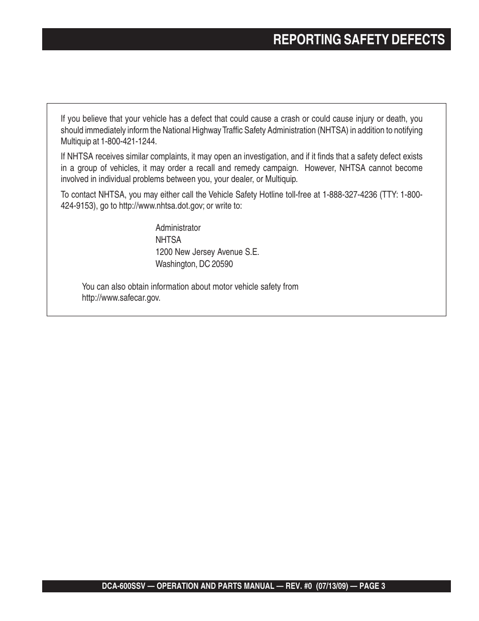 Reporting safety defects | Multiquip DCA600SSV User Manual | Page 3 / 108