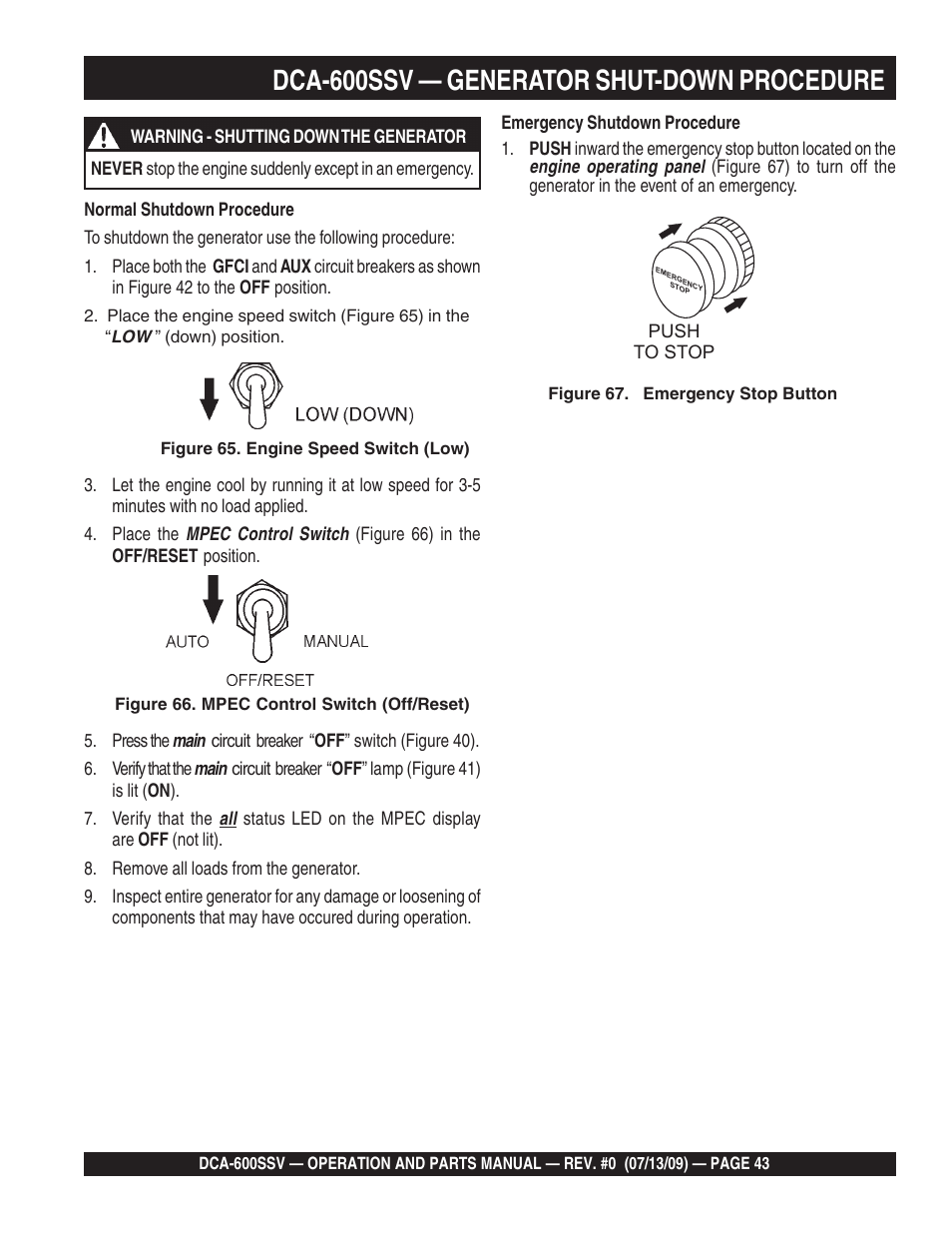 Dca-600ssv — generator shut-down procedure | Multiquip DCA600SSV User Manual | Page 43 / 108
