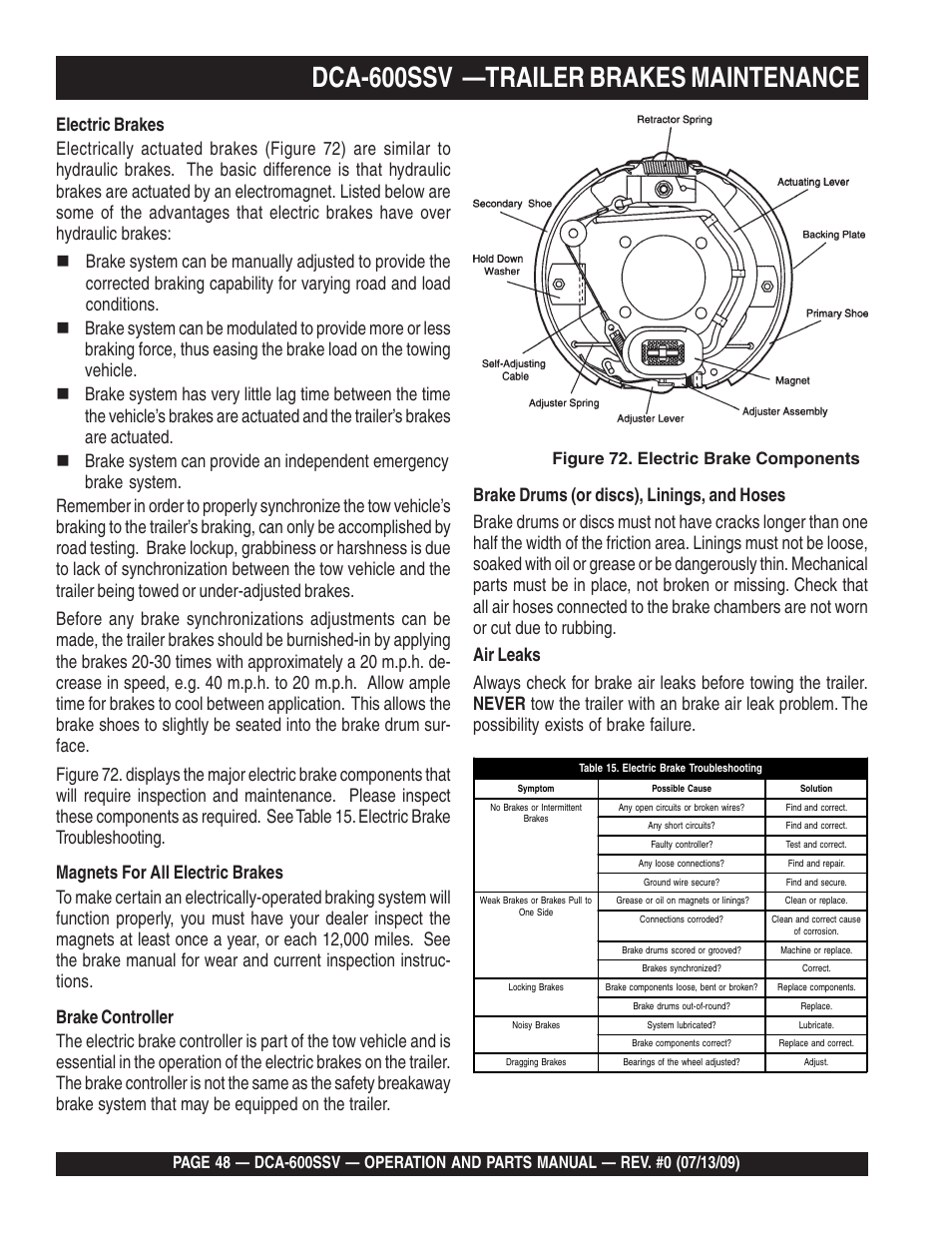 Dca-600ssv —trailer brakes maintenance | Multiquip DCA600SSV User Manual | Page 48 / 108