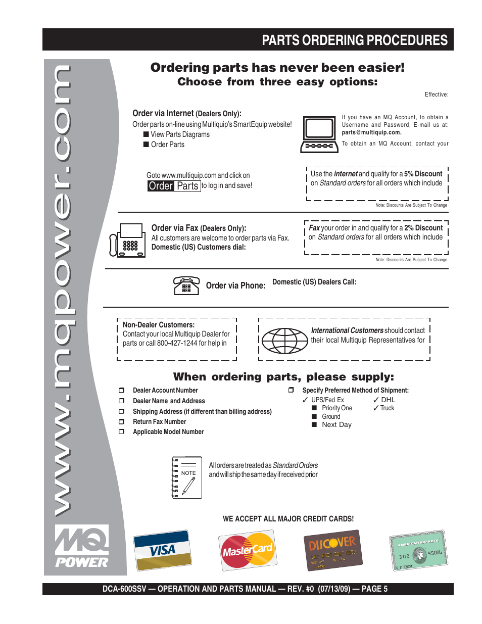 Parts ordering procedures, Ordering parts has never been easier | Multiquip DCA600SSV User Manual | Page 5 / 108