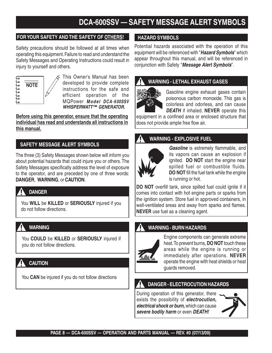 Dca-600ssv — safety message alert symbols | Multiquip DCA600SSV User Manual | Page 8 / 108