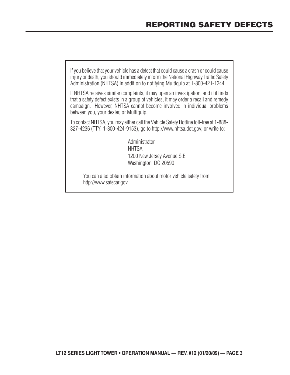 Reporting safety defects | Multiquip LT12P User Manual | Page 3 / 68
