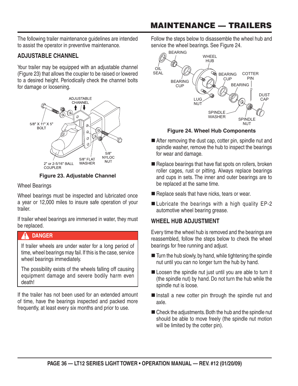 Maintenance — trailers, Adjustable channel, Wheel hub adjustment | Multiquip LT12P User Manual | Page 36 / 68