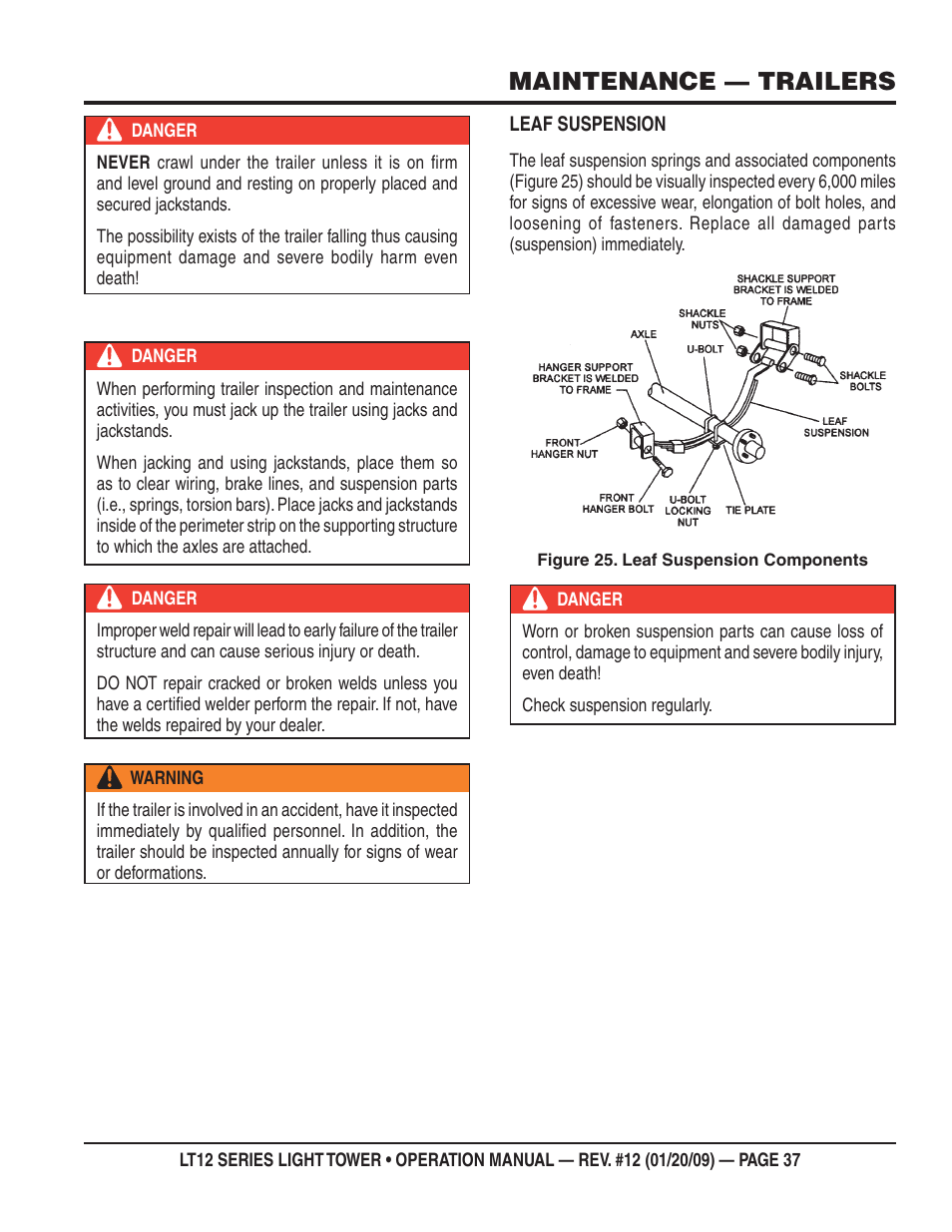 Maintenance — trailers | Multiquip LT12P User Manual | Page 37 / 68
