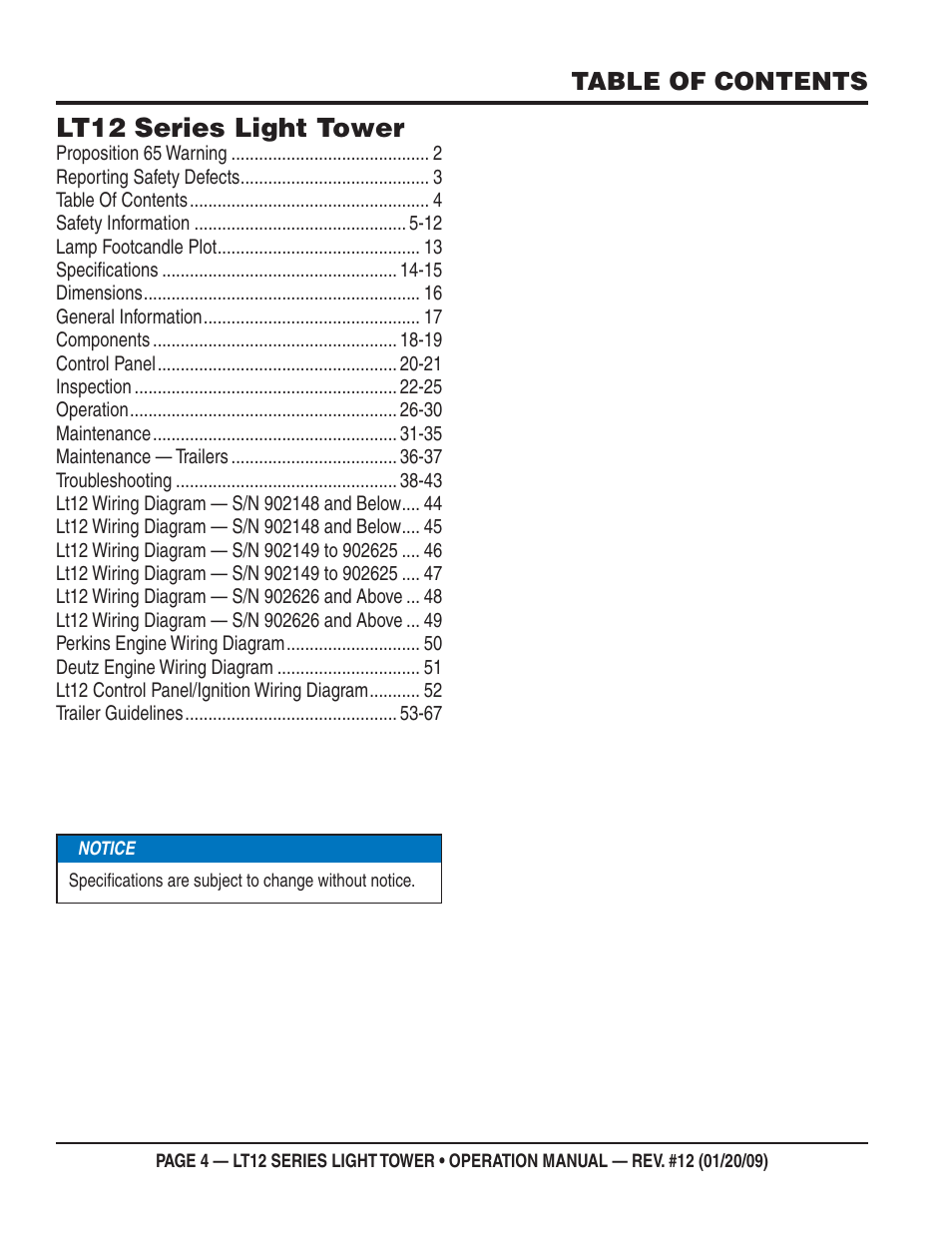 Lt12 series light tower | Multiquip LT12P User Manual | Page 4 / 68